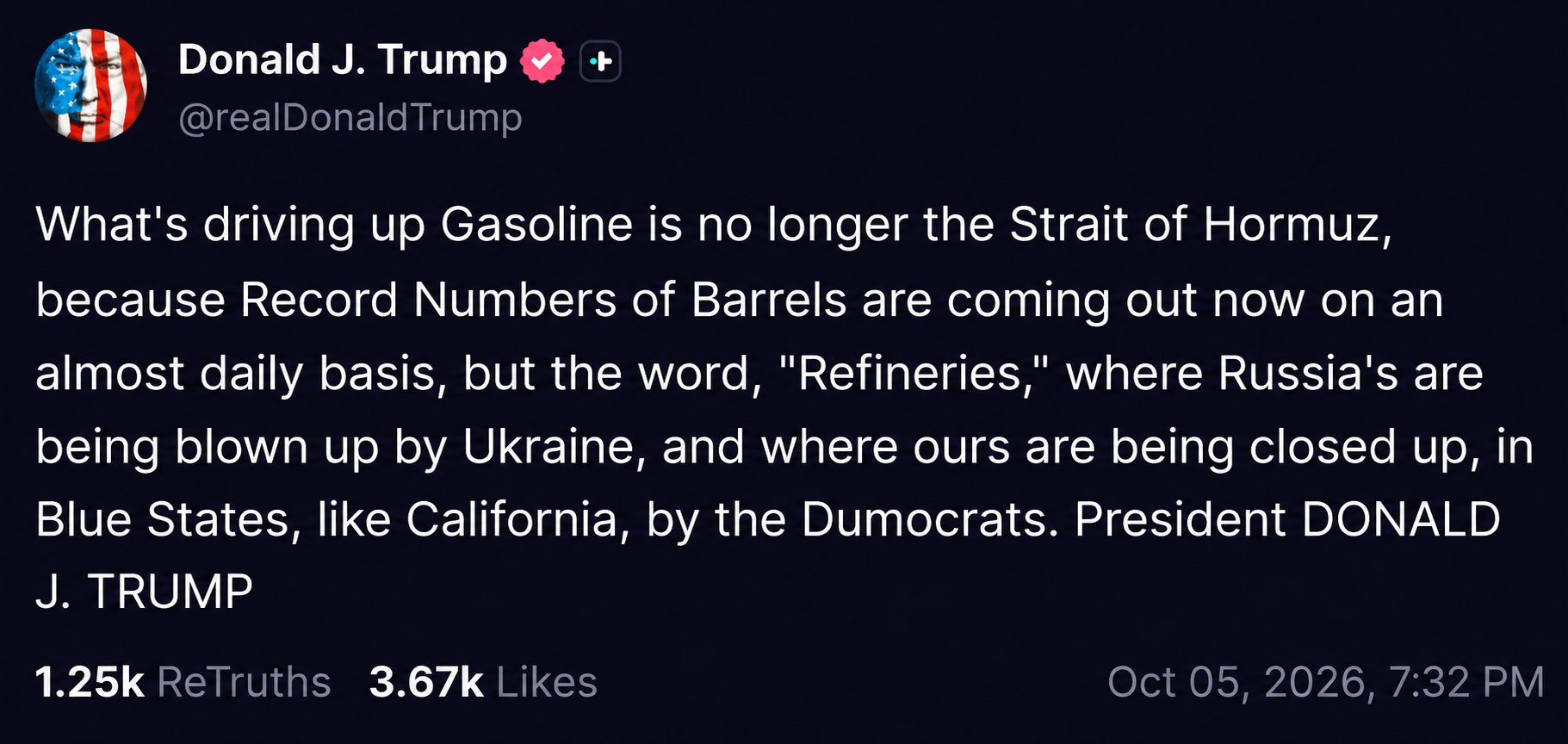 Пост Трампа про ціни на бензин у США від 5 жовтня