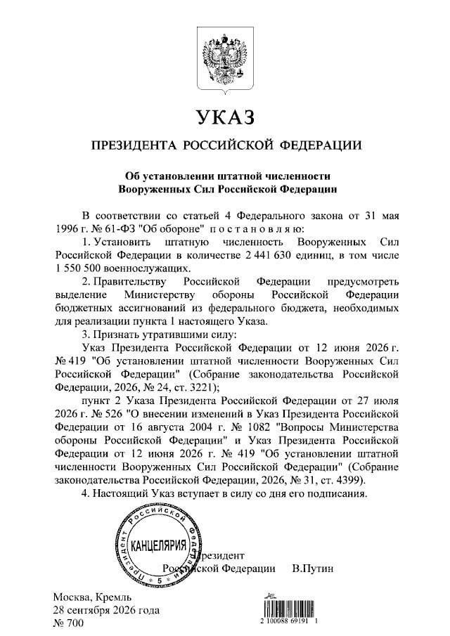 Російська армія зросте ще на 15 500 військових - указ Путіна від 28 вересня 2026