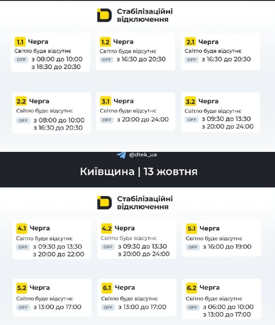 Графіки для Київщини на 13 жовтня 2026 року